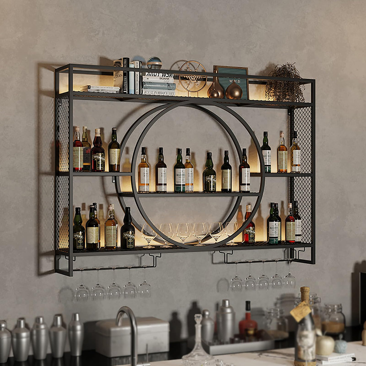 AKOGG Wine Rack Wall Mounted With LED Light & Wine Glass Holder,Iron Bar Liquor Shelf,Floating Wall Wine Shelves,Liquor Bottle Display Shelf,Wine Glass Storage Racks,For Kitchen Wine Cellar,Gold/Black AKOGG
