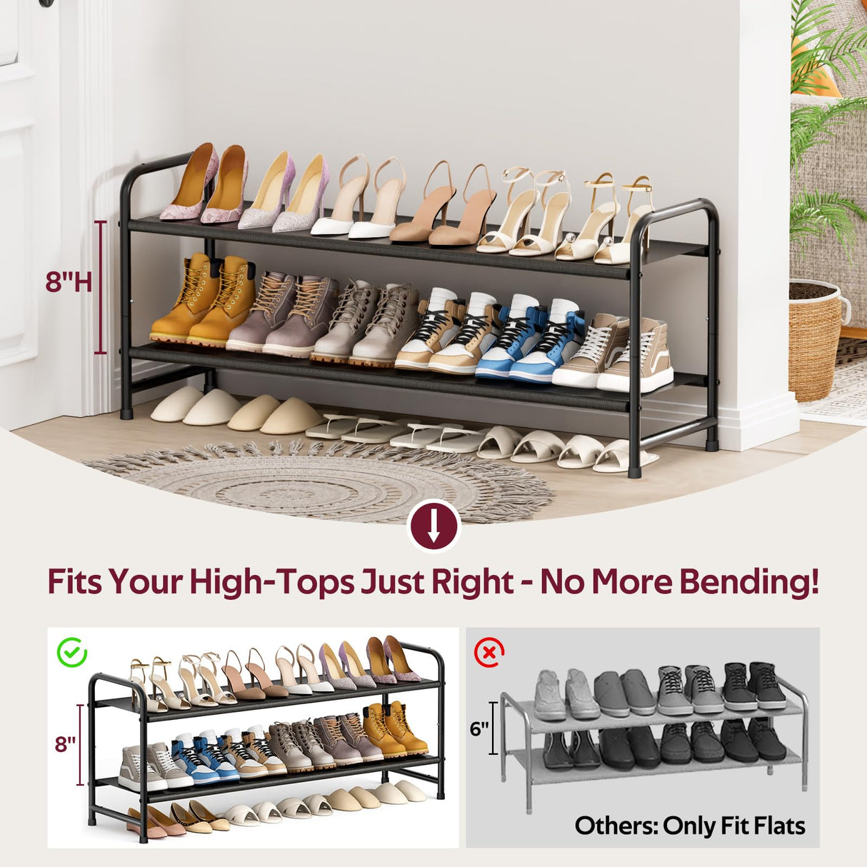 SLEEPING LAMB Long 2-Tier Shoe Organizer for Closet, Stackable Wide Shoe Rack Holds 18-Pairs Low Shoe Shelf Storage for Bedroom, Floor, Entryway(Black) SLEEPING LAMB