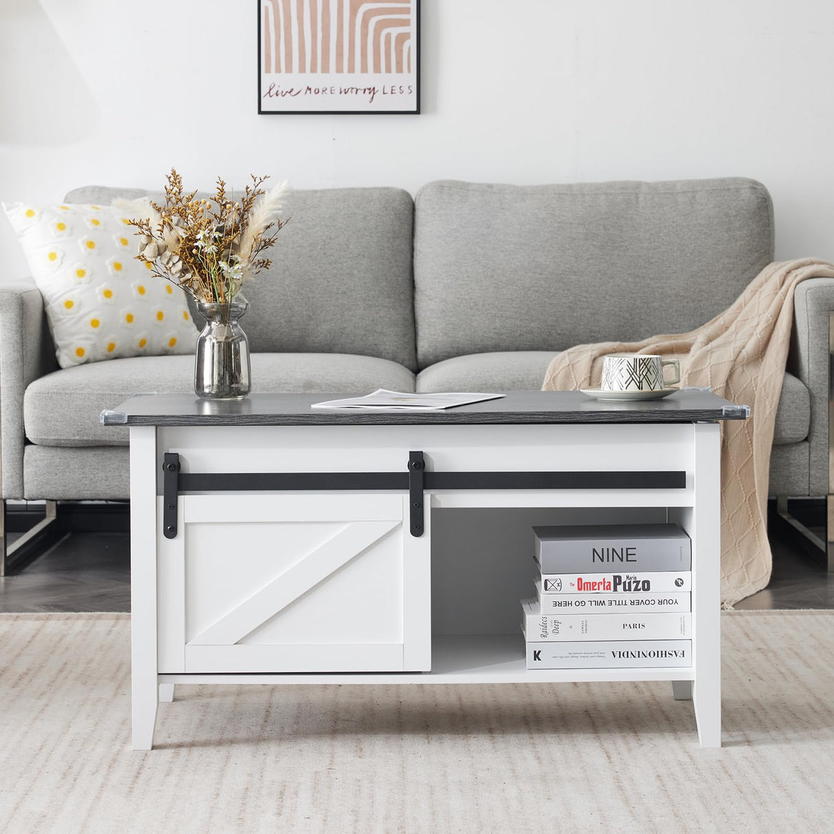 VINGLI White Charcoal Lift Top Coffee Table, 36" Small Farmhouse Barn Door Coffee Table with Storage, Rectangular Center Wood Coffe Table with Lifting Top, Living Room Tables with Hidden Compartment VINGLI