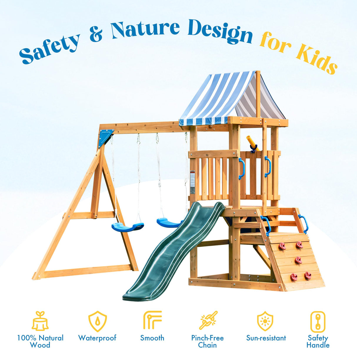 ROBUD Swing Sets for Backyard, Wooden Swing Set, All-in-One Kids Outdoor Play Equipment with Two Swings, Slide, Rock Climbing Wall, Blackboard, Telescope, Fort, Outdoor Playset for Kids & Toddlers ROBUD