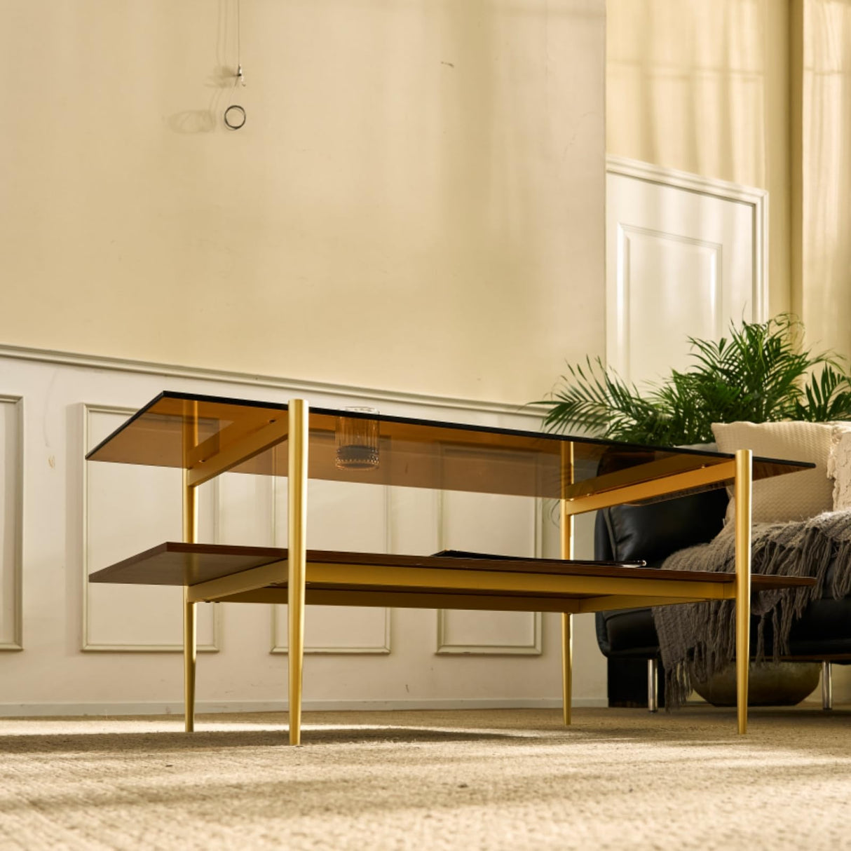 Saint Mossi Tadio Double Layer Glass Coffee Table for Living Room, Brown Glass & Coffee Brown MDF Bottom Shelf SM Saint Mossi