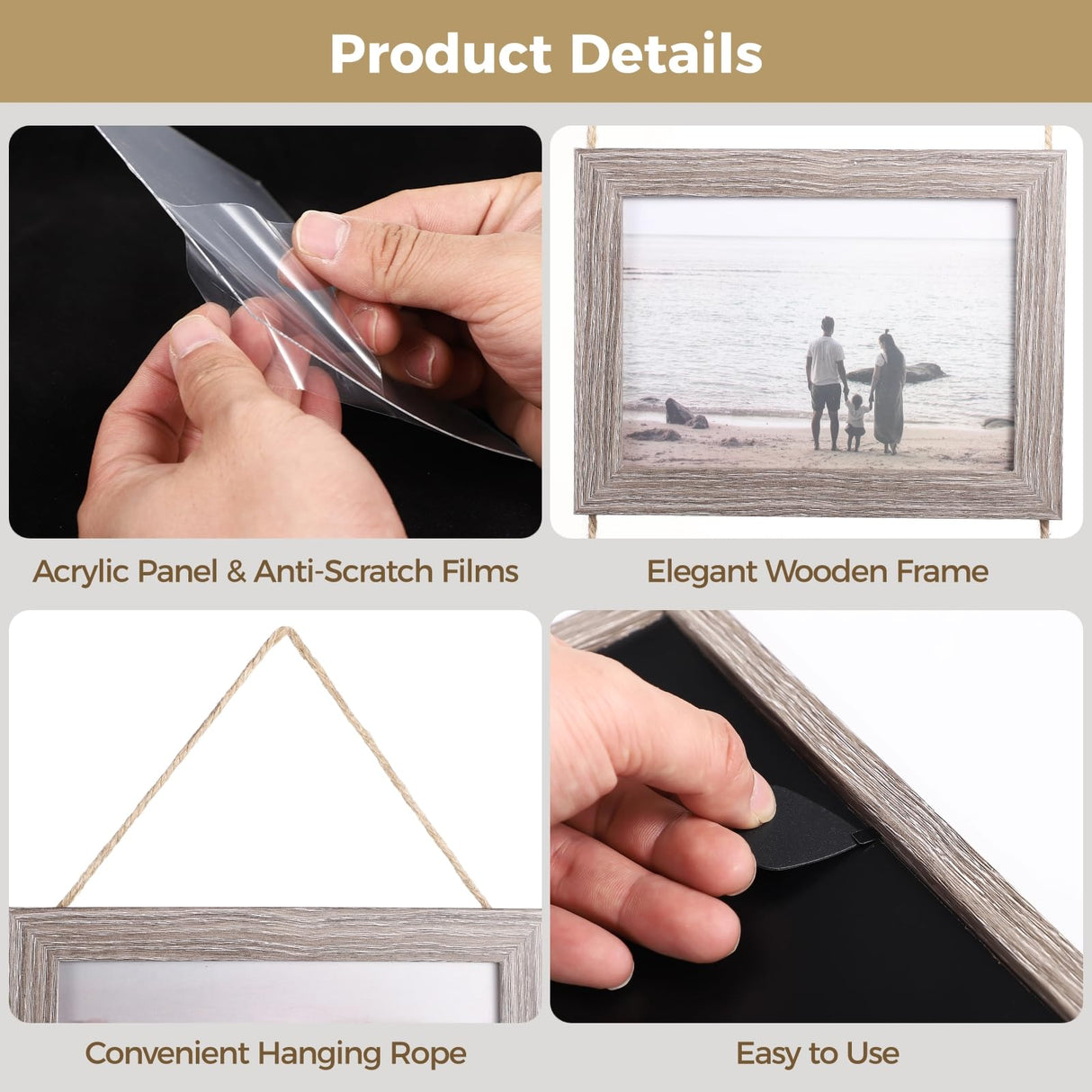 yeesport 2 PCS Farmhouse Wooden Hanging Photo Frames, Rustic Wall Picture Display with Jute Rope, Acrylic Panel 4-Photo Collage Frames for Living Room, Bedroom, Office, Stairs Decor yeesport