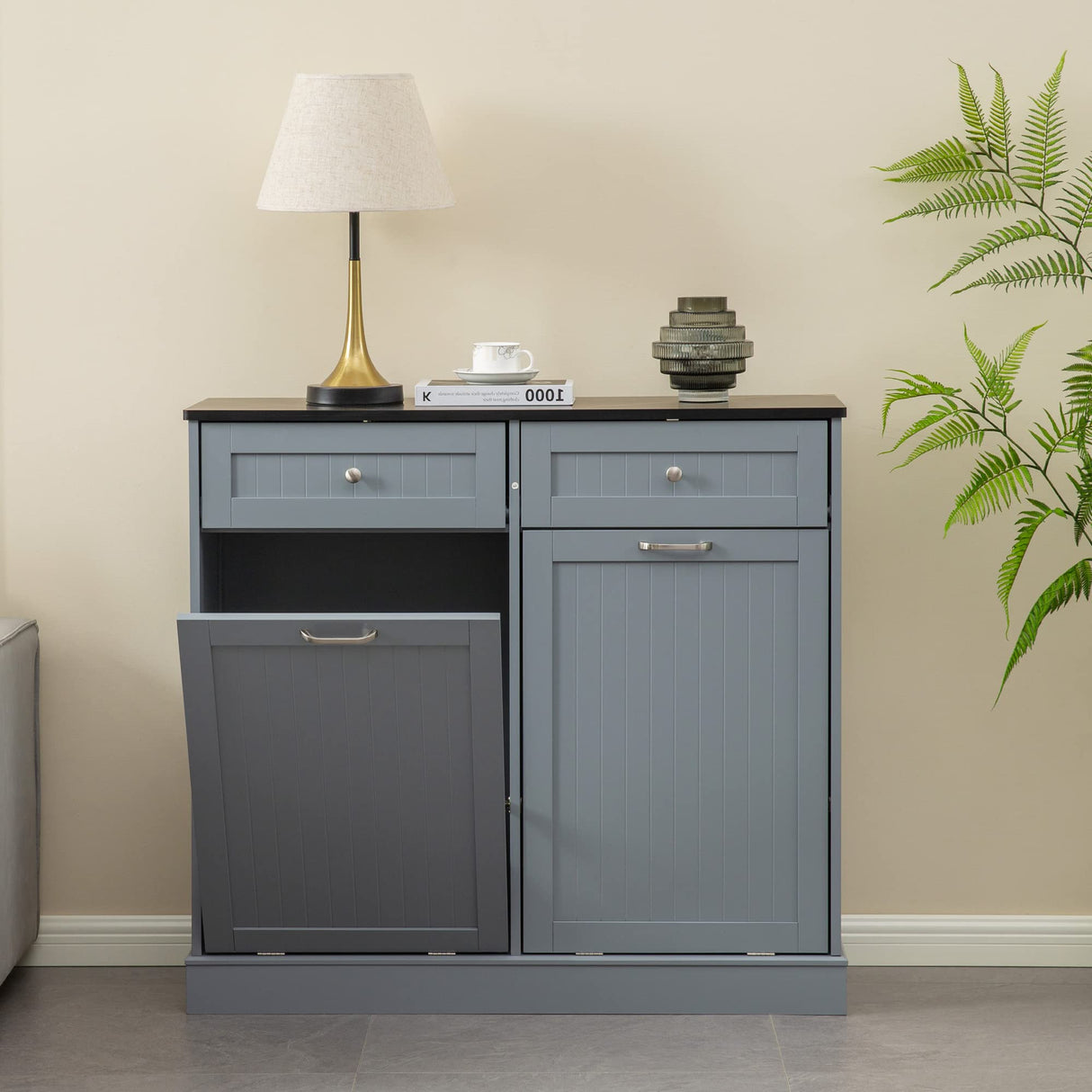 GAZHOME Double Tilt Out Trash Cabinet with Charging Station, Upgrade Wooden Trash Cabinet with Outlet,Recycling Cabinet with Hideaway Drawer,20 Gallon Tilt Out Trash Cabinet (Grey) GAZHOME