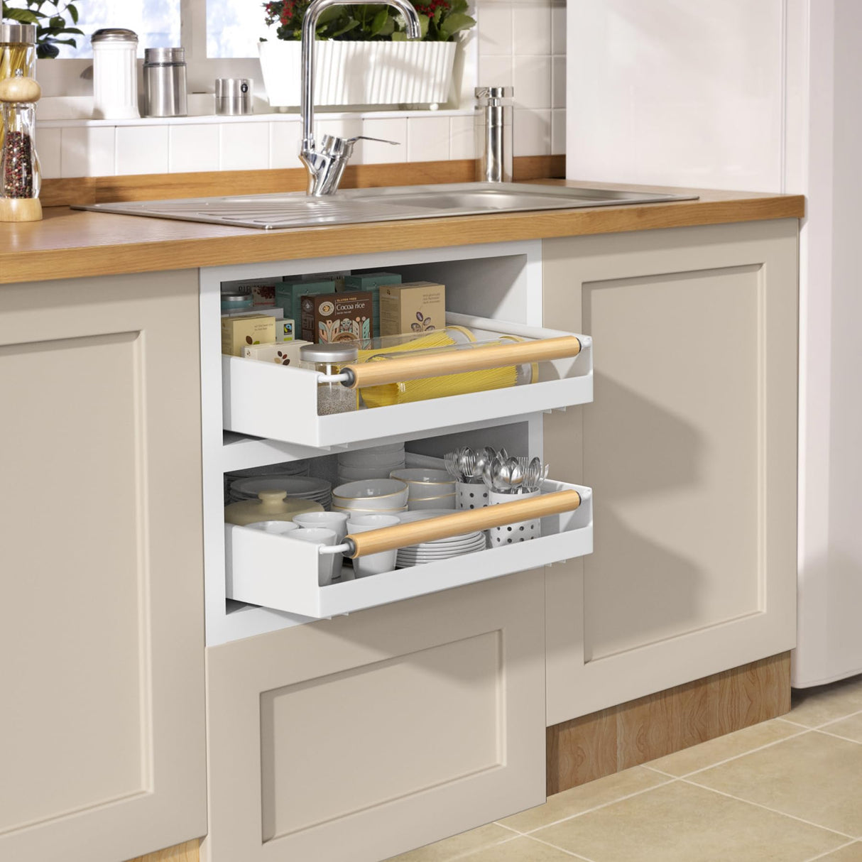 Upesitom Pull Out Cabinet Organizer, 15.3'' Deep Expandable Slide Out Cabinet Organizer Fixed with Adhesive Nano Film, Slide Out Drawers Pull Out Tray for Cabinet in Kitchen, Pantry, Bathroom, White Upesitom