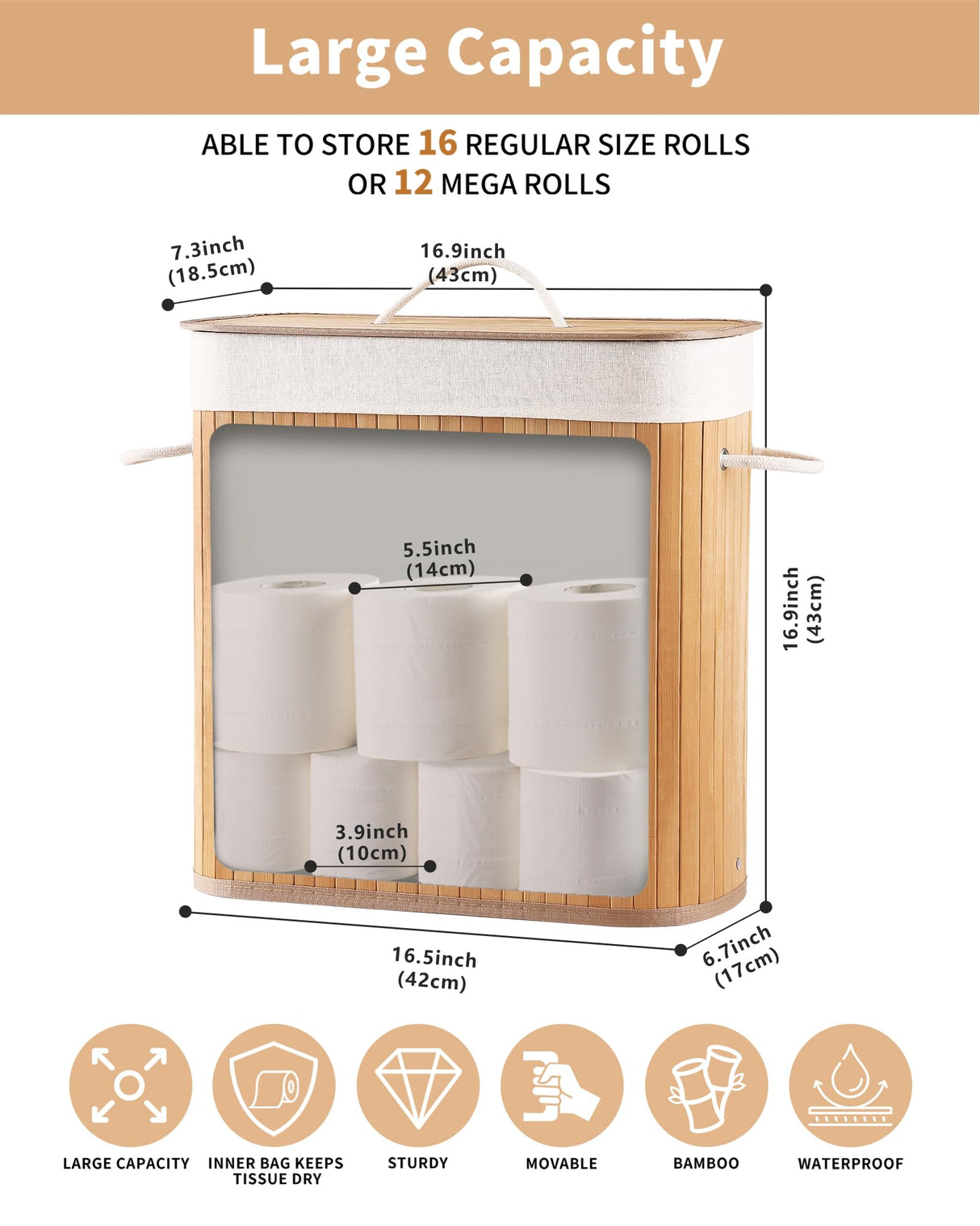 WAOHANAZ Bamboo Toilet Paper Storage with Lid & Handel, 8 Gallons (30L), Sturdy Toilet Paper Basket, Organizer for Bathroom, Kitchen, Holder with Storage, Natural WAOHANAZ