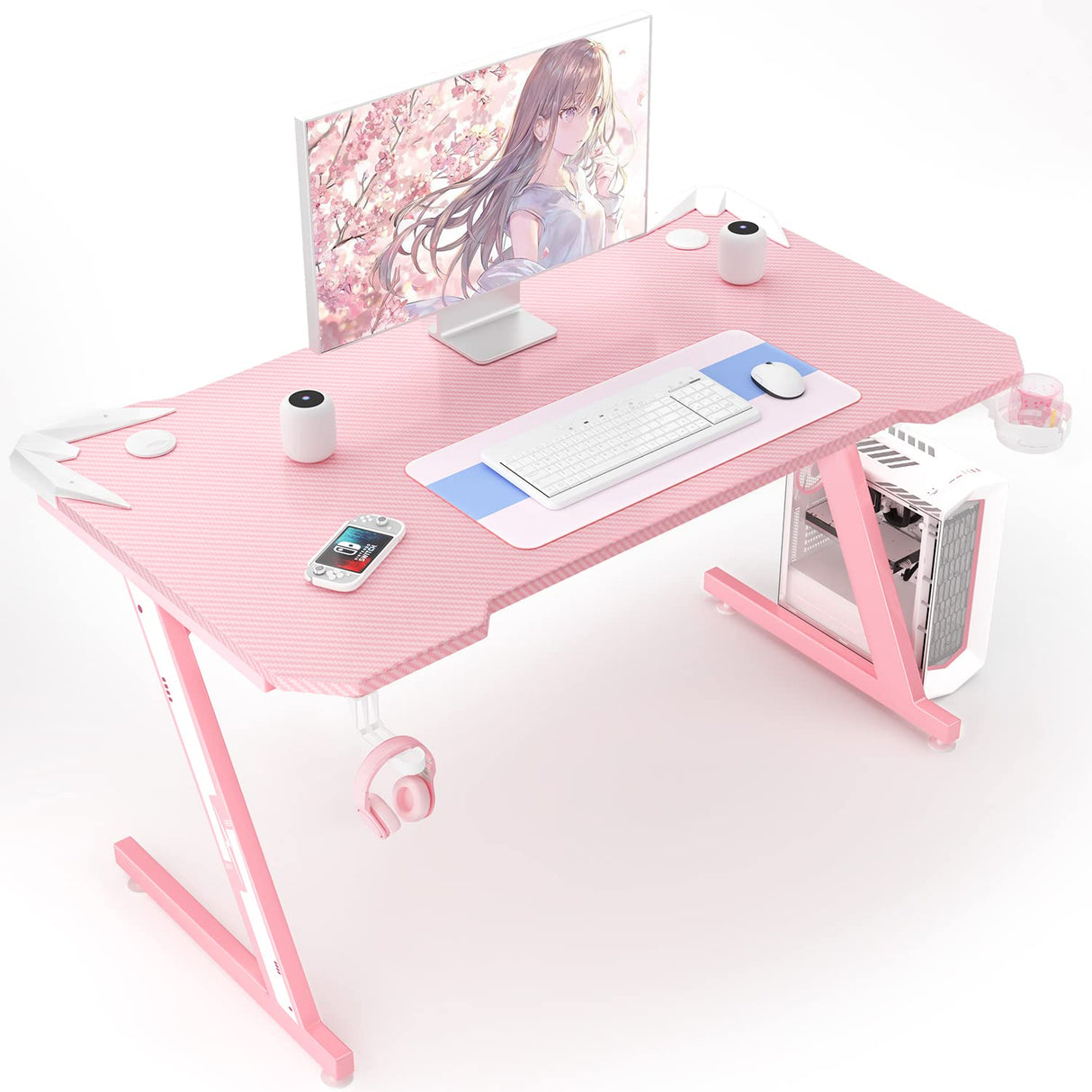 Homall Gaming Computer Desk with Carbon Fiber Surface, Gaming Table Z Shaped Pc Home Office with Cup Holder&Headphone Hook(44 in, Pink) Homall
