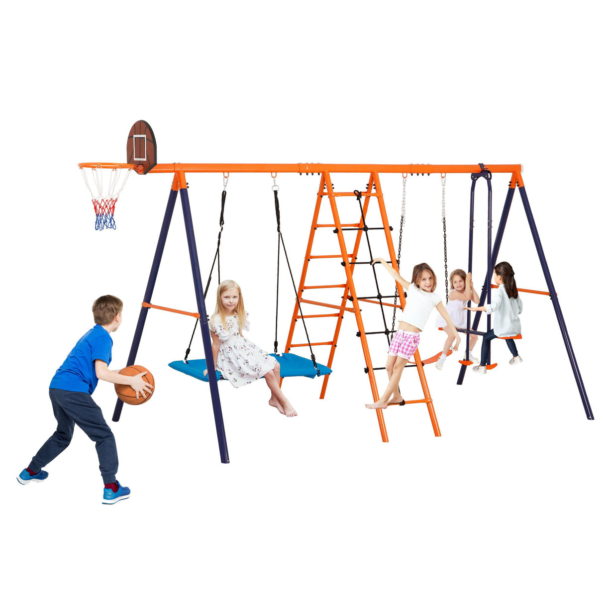 SUPER DEAL Outdoor Swing Set for Kids, Metal Playset with Adjustable Swings, Climbing Ladder and Nets, Swing Glider, Basketball Hoop for Backyard Playground, Heavy Duty 6 in 1 SUPER DEAL