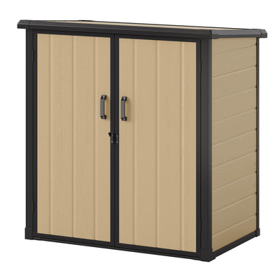 GOOBED Outdoor Storage Shed with 2 Adjustable Shelves, 49 Cu Ft Waterproof Vertical Garden Tool Shed with Lockable Door, Plastic Tall Tool Cabinet for Backyard Garden Patio Lawn, Brown