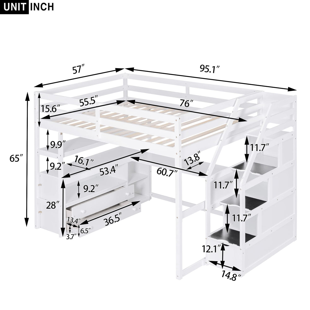 Quarte Modern Full Size Loft Bed with Built-in Desk, Storage Shelves, and Drawers Quarte