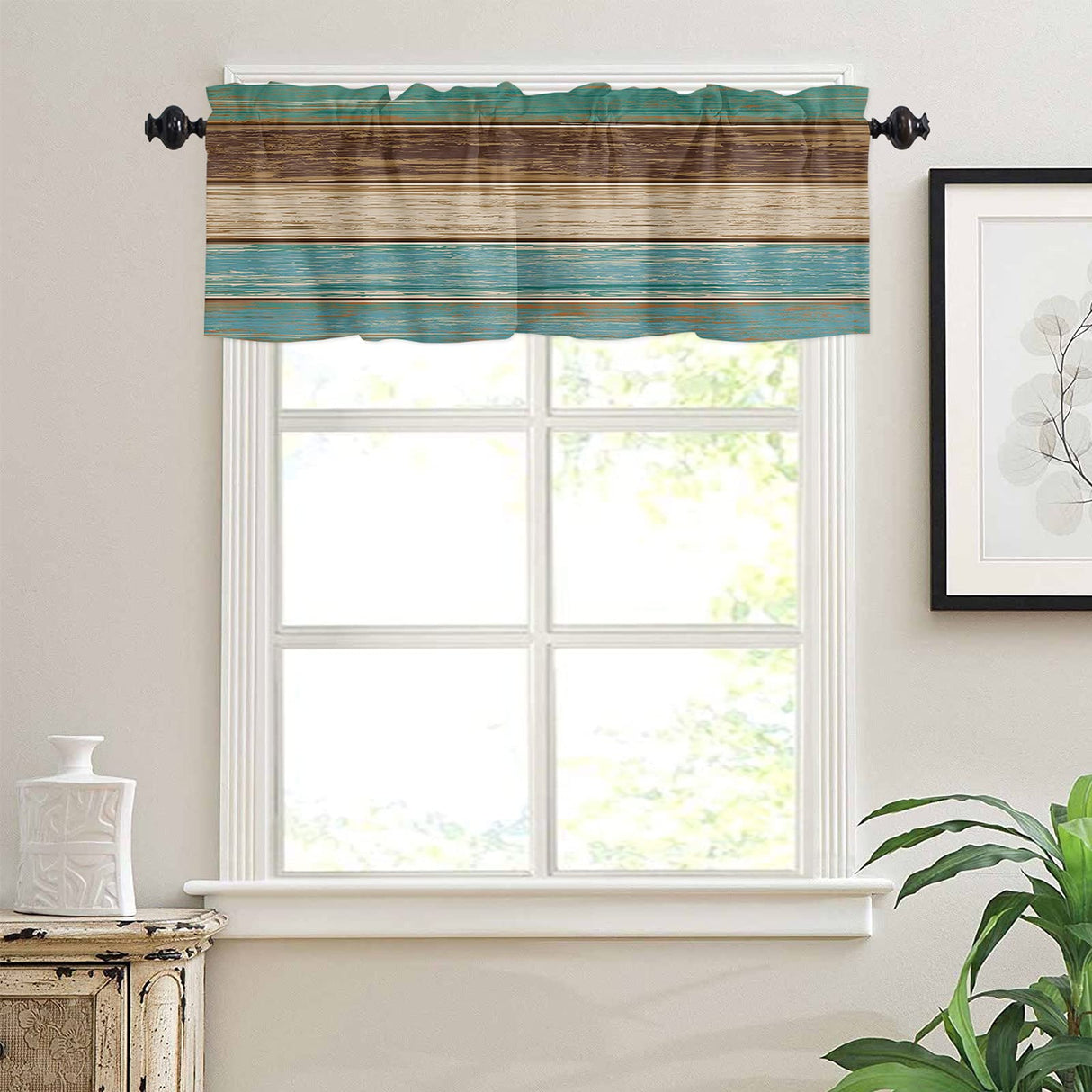 Rustic Farmhouse Valances Curtains for Kitchen Windows, Retro Wood Rod Pocket Curtain Toppers Teal Green Brown Country Short Curtains Treatments for Bedroom/Living Room/Bathroom,54" X 18"-1 Panel Vandarllin