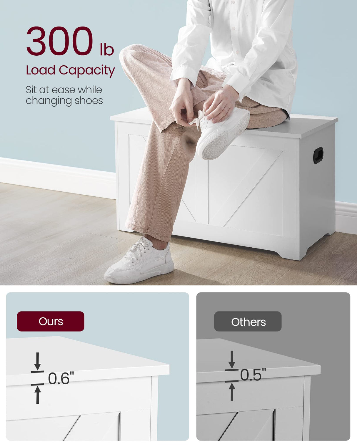 VASAGLE Storage Chest, Storage Trunk with 2 Safety Hinges, Storage Bench, Shoe Bench, Farmhouse Style, 15.7 x 31.5 x 18.1 Inches, for Entryway, Bedroom, Living Room, Cloud White ULSB062T14 VASAGLE