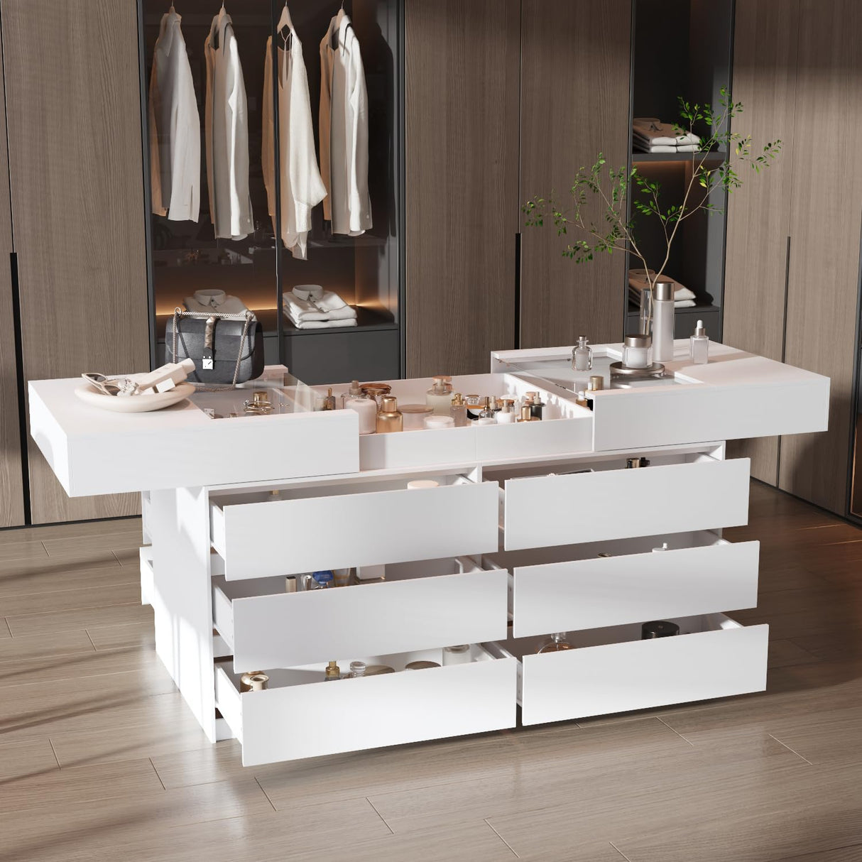 WOODTIME Armoire Bedroom Island with Sliding Glass Top, Wardrobe Closet with 12 Drawers, Walk-in Closet Island Dresser for Bedroom Shops, White WOODTIME