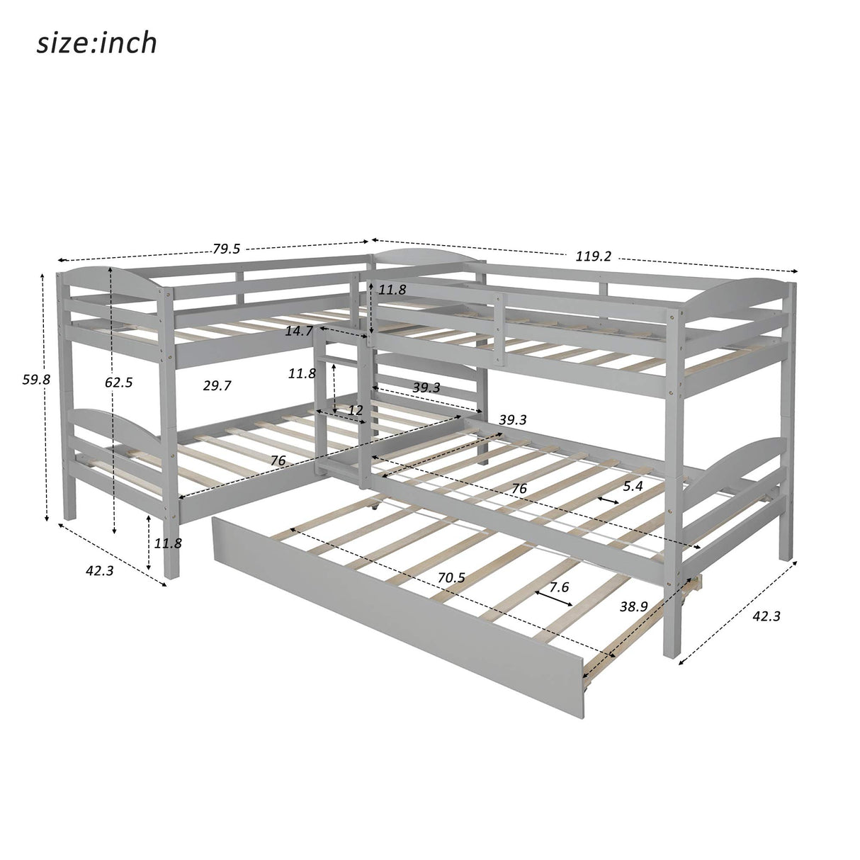Harper & Bright Designs Quad Bunk Bed with Trundle, L Shaped Bunk Bed for 4 Kids, Wooden Twin Bunk Bed Frame for Kids Teens Adults - Gray Harper & Bright Designs