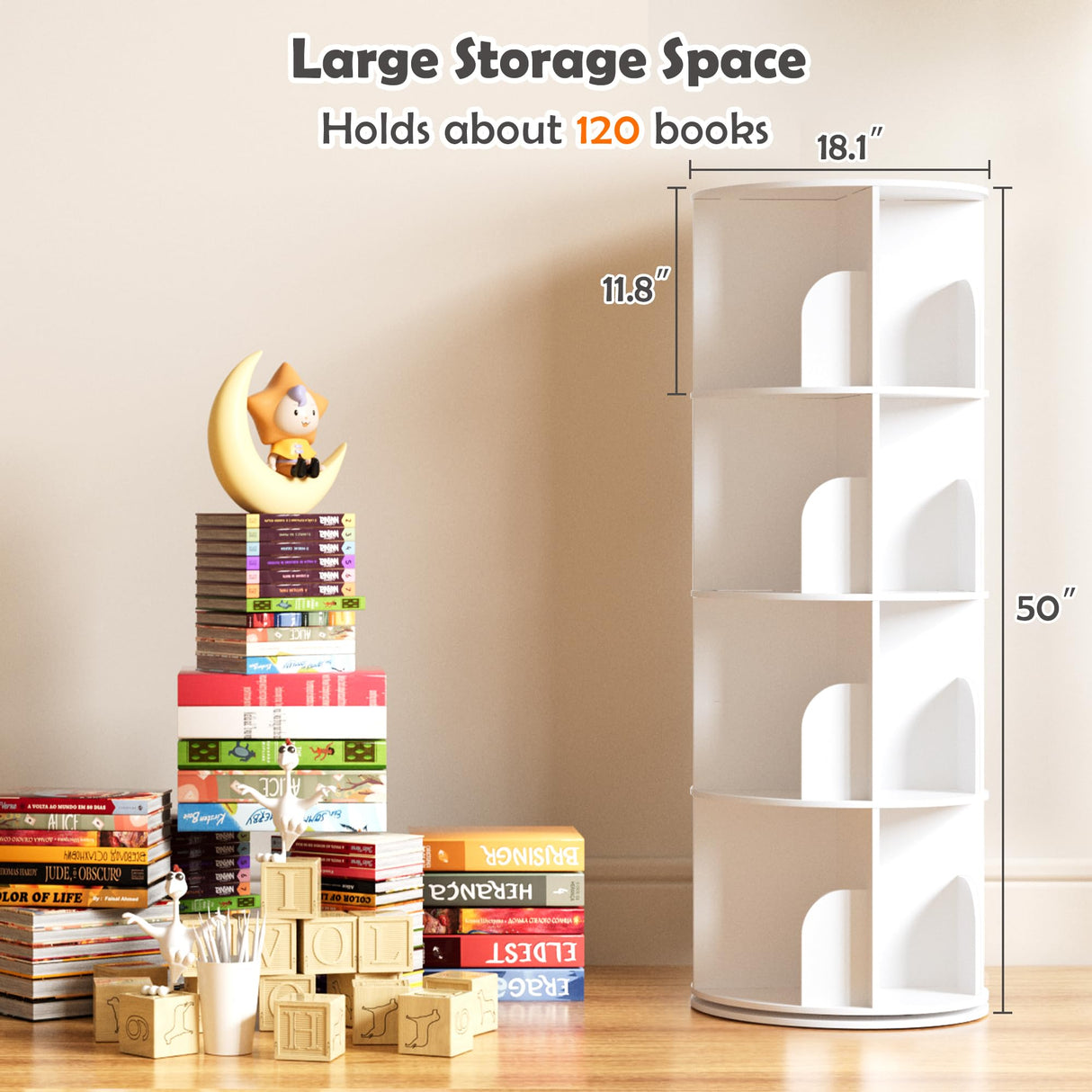 upsimples Rotating Bookshelf, 360° Display Corner Shelf for Book, 4 Tier Floor Standing Spinning Bookcase, Narrow Storage Rack for Kids Room, Bedroom, Living Room, White upsimples