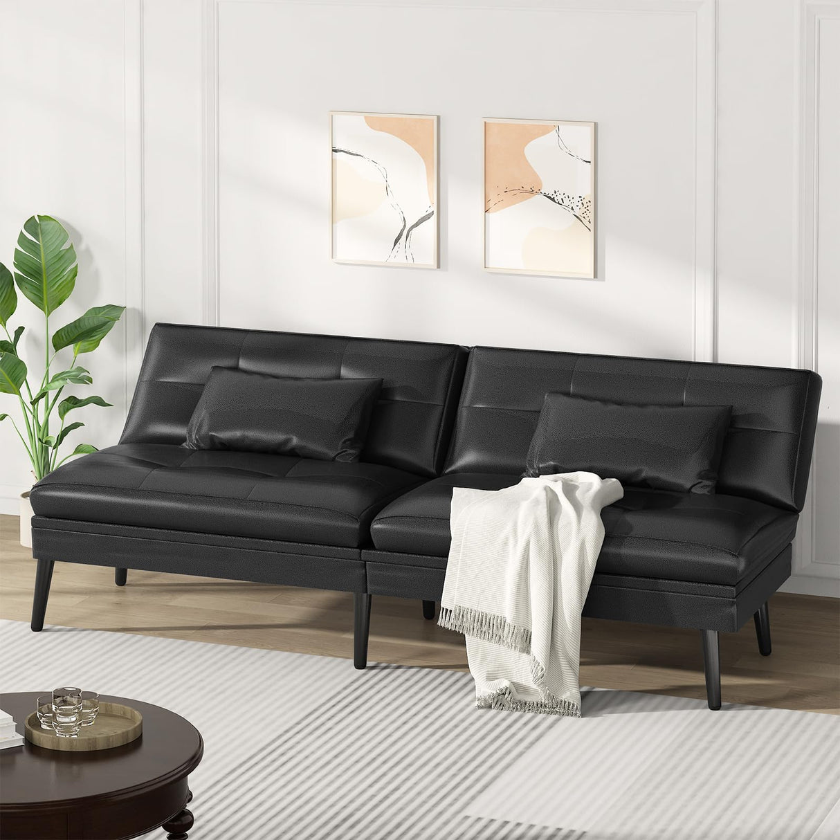 AWQM Convertible Futon Sofa Bed, 70" Futon Sofa Bed, Adjustable Futon Couch, Faux Leather Futon Sofa Couch, Comfy Futon Couch Bed with 2 Square Pillows, for Living Room, Apartment, Office (Black) AWQM