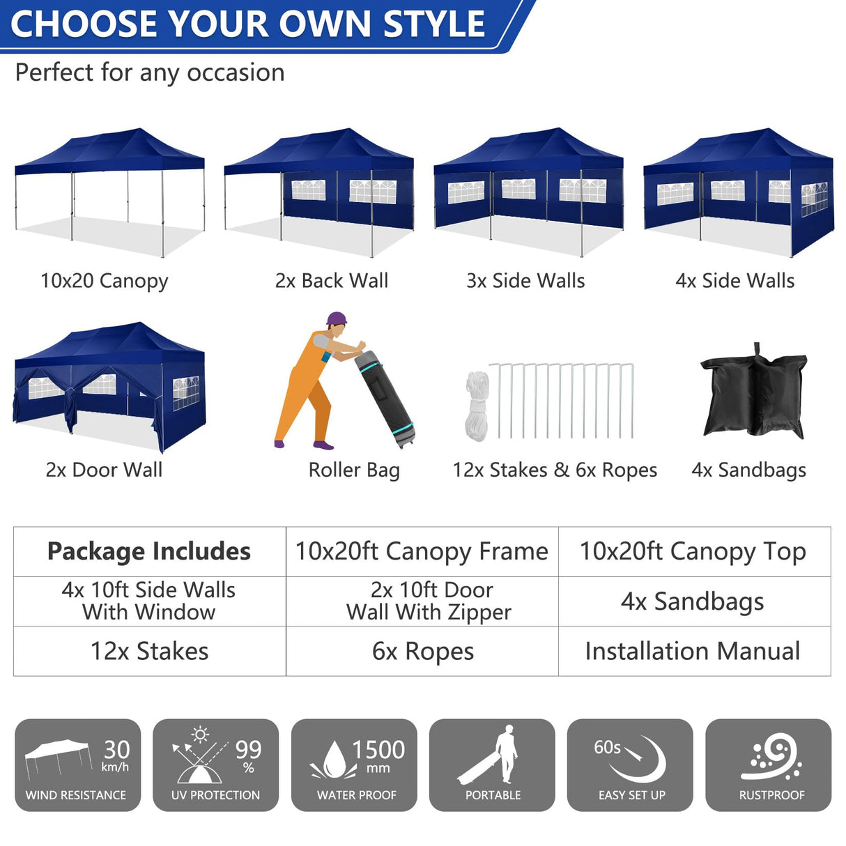 COBIZI Pop up Canopy Tent 10x20 Heavy Duty Gazebo with 6 Sidewalls, UPF 50+ All Weather Waterproof Commercial Outdoor Wedding Party Tents Canopy with Roller Bag, Dark Blue COBIZI