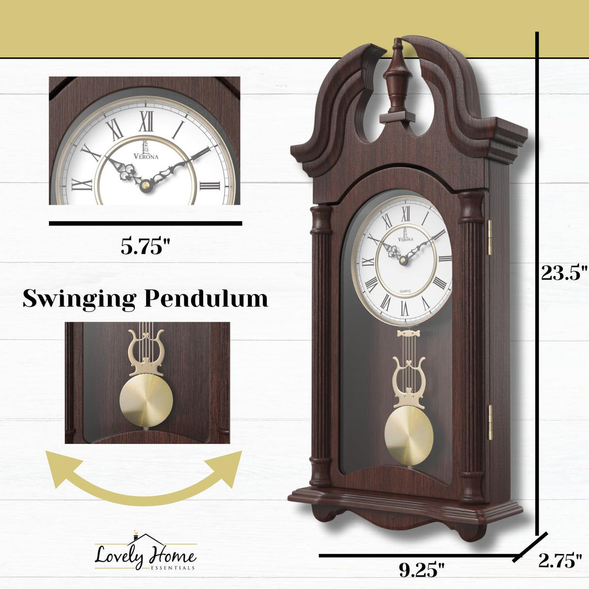 Pendulum Wall Clock Battery Operated - Wooden Hanging Grandfather Wall Clock with Pendulum, 23.5x9 inch - Quiet, Non-Chiming, with Real Wood for Living Room Decor, Office & Home Décor Gift Lovely Home Essentials