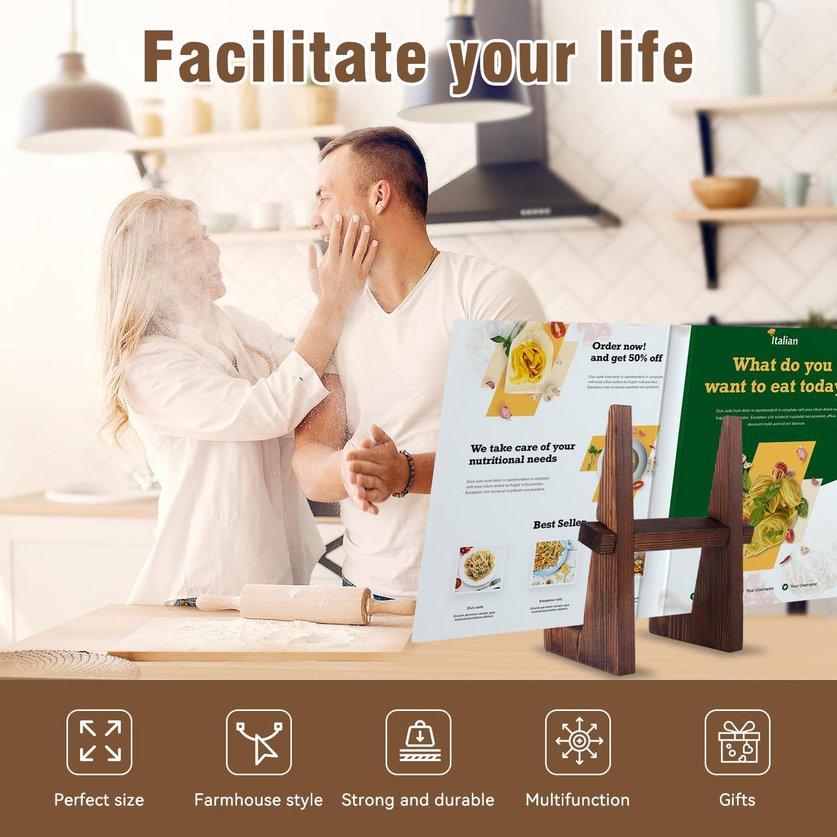 DEBETOOL Cookbook Stand for Kitchen - 8.8 inch Wooden Cookbook Holder for Kitchen Counter, Multifunctional Recipe Book Standļ¼Rustic Brown Recipe Book Holder Stand DEBETOOL