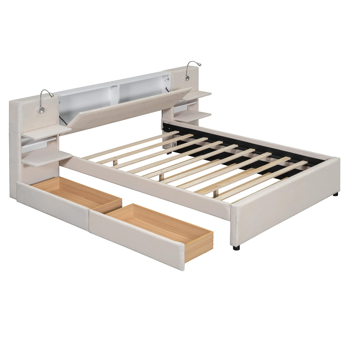 MaiDeHaoo Queen Size Upholstered Bed with with Trundle and 2 Storage Drawers, Luxury Queen Bed Frame with Storage Headboard and Reading Lights, Built-in Nightstands, Beige MaiDeHaoo