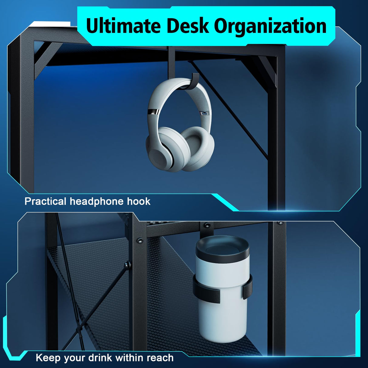 OMICON Computer Desk with LED Light, 42-55 Inch Gaming Desk with Reversible Storage Shelves, Office Desk with Power Outlets Corner Desk for Home Office, Small Space Desk Black Carbon Fiber (42) DOMICON