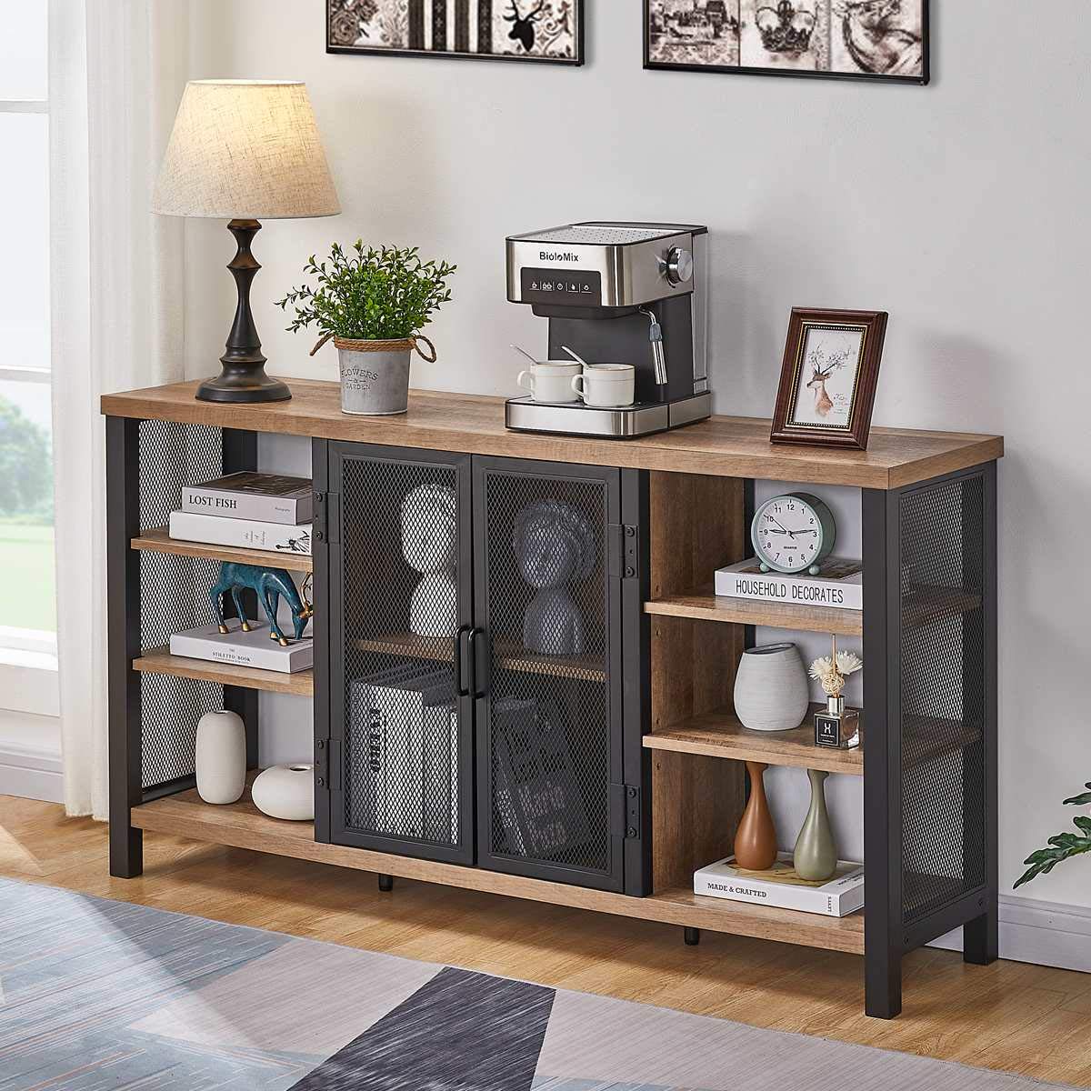 FATORRI Industrial Wine Bar Cabinet for Liquor and Glasses, Farmhouse Wood Coffee Cabinet with Wine Rack, Metal Sideboard and Buffet Cabinet (55 Inch, Rustic Oak) FATORRI