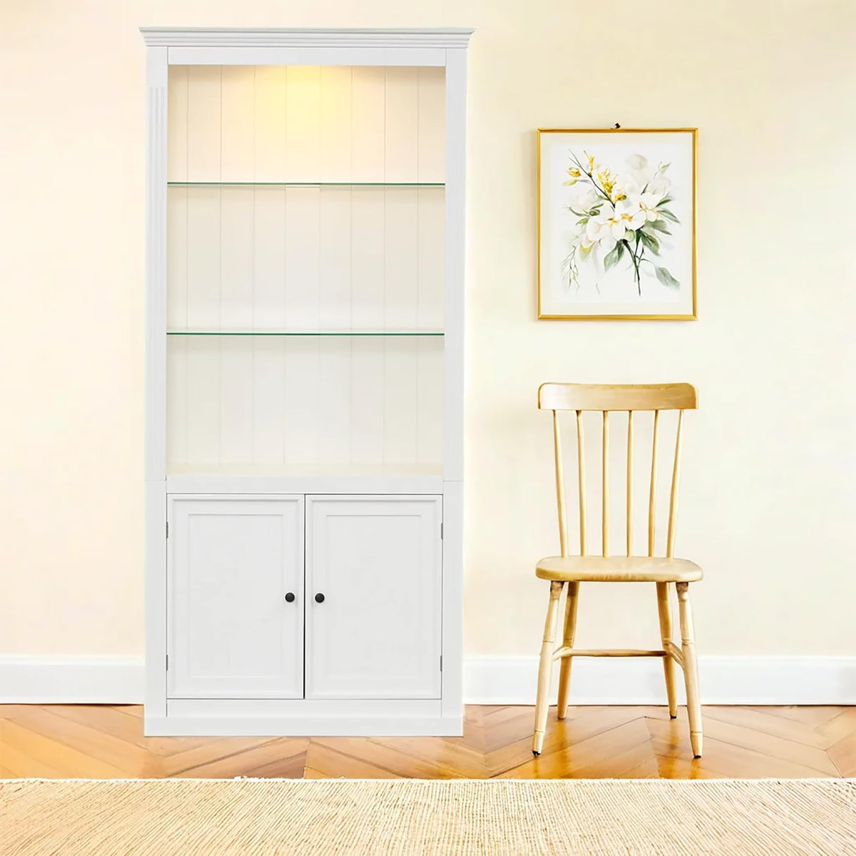 LUMISOL 78.75” Tall Bookcase with Doors, 5 Tier Large Bookshelf with Cabinet, Freestanding Display Cabinet with Glass Shelves for Home, Office, White LUMISOL