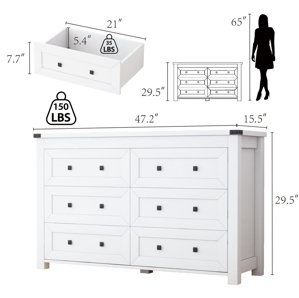 Dresser for Bedroom with 6 Drawers, Farmhouse Wood Chest of Drawers, Wide TV Stand Closet Storage Furniture with Metal Handle, Modern Clothes Organizer for Hallway, Living Room, Entryway, White Xixini