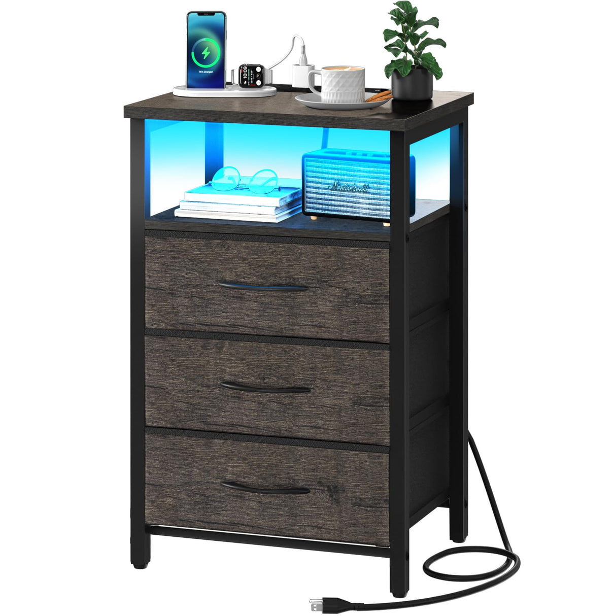 Yoobure Night Stand with Charging Station, 20 Colors LED Nightstand with USB Ports and Outlets, End Table with 3 Fabric Drawers and Storage Shelf, Bedside Tables Small Dresser for Small Space, Gray Yoobure