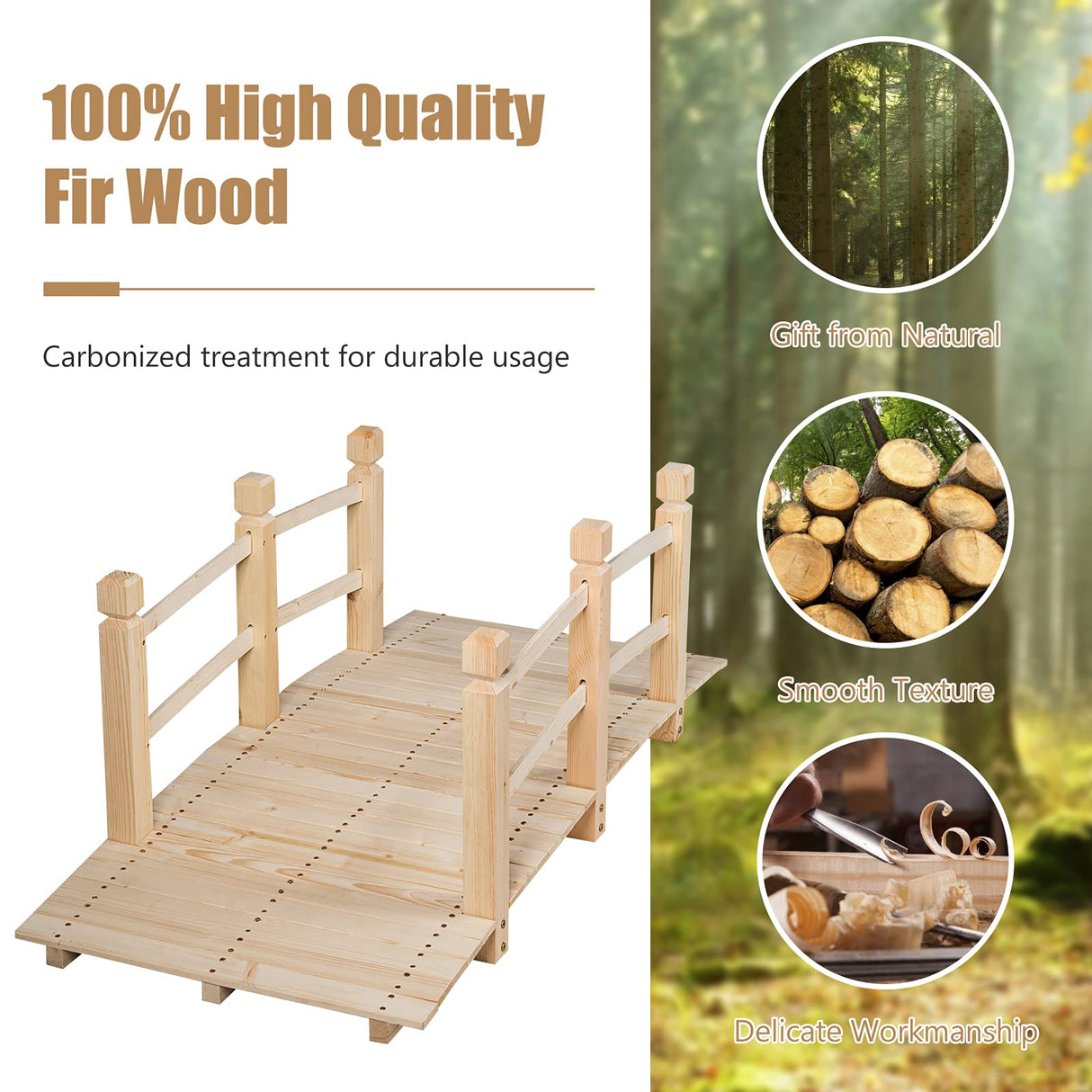 S AFSTAR Garden Bridge, 5FT Wooden Arc Footbridge for Outdoors with Safety Guardrails, Decorative Landscaping for Garden Yard Walkway Creek Farm, 400 LBS Capacity (Natural Finished) S AFSTAR