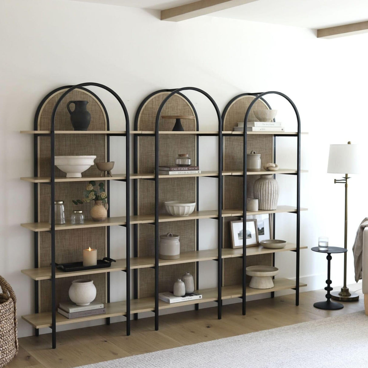 Nathan James Amara Bohemian 5-Shelf Etagere Bookcase, Rattan Open Bookshelf with Arch Top, Light Oak/Matte Black Nathan James