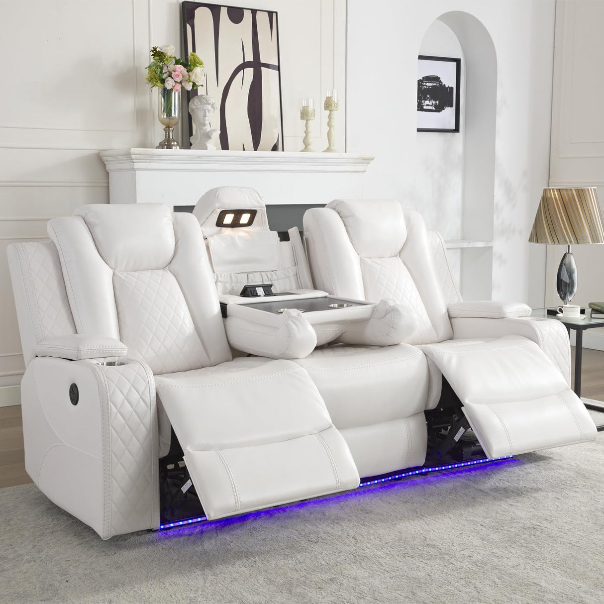 Power Reclining Sofa Couch with Wireless Charger, 3 Seaters with Recliner with Reading Light, Leather Electric 3 Seat Sofa Sectional Set for Living Room, Home Theater Seating with LED Lights, White Comfort Stretch