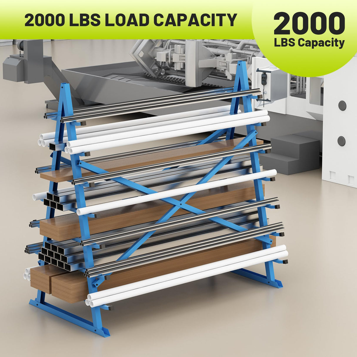 Hymula Horizontal Lumber Storage Rack, Heavy Duty 2000 LBS, 60” W x 66” H x 40” D, 7-Tier Metal Garage Shelf with Adjustable Arms for Wood, Pipes, and Building Materials Hymula