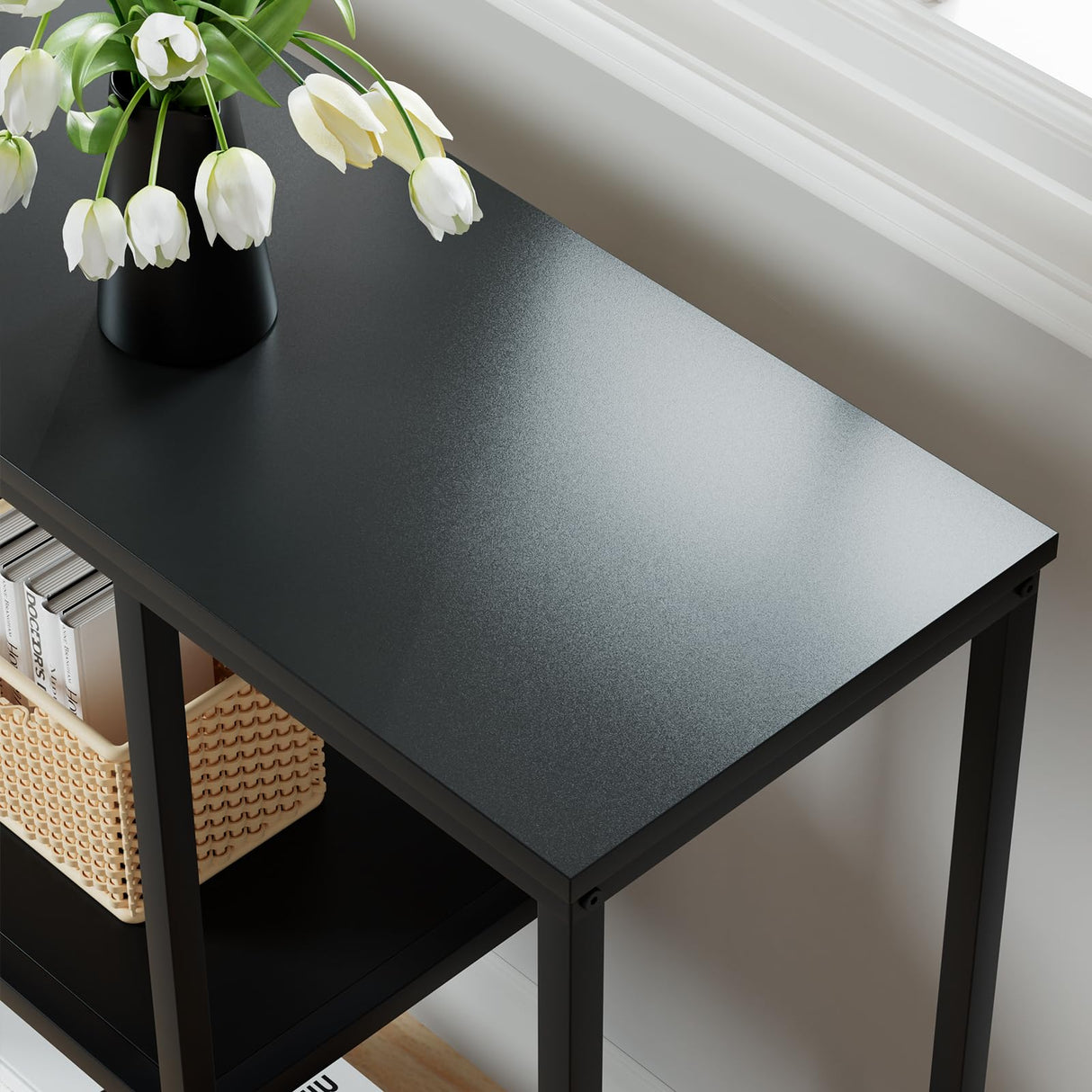 WOHOMO Console Table, 12'' Narrow Entryway Table for Living Room, 31.5'' x 31.5'' Black Industrial Sofa Table with 3-Tier Storage Shelves for Corridor, Hallway, Black WOHOMO