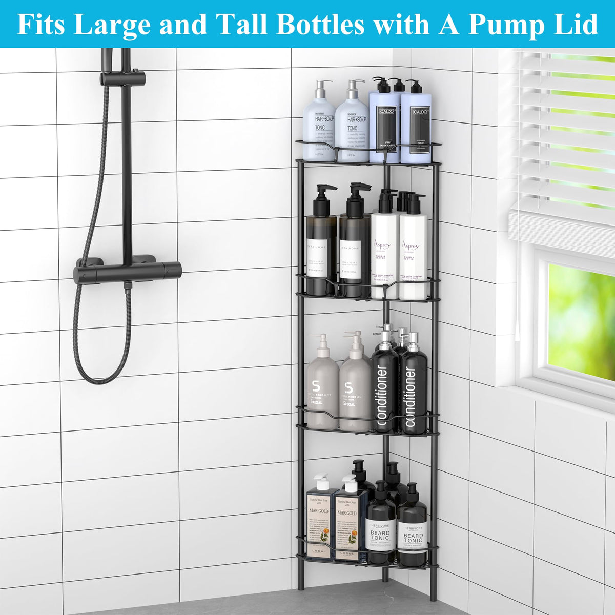 HuggieGems 4 Tier Floor Standing Corner Shower Caddy Organizer Shelf with Hooks, Bathroom Shelves Stand Rack, Black HuggieGems