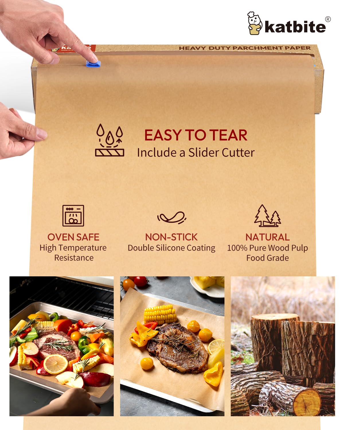 Katbite Unbleached Parchment Paper for Baking, 15 in x 210 ft, 260 Sq.Ft, Heavy Duty Baking Paper with Slide Cutter, Non-stick Brown Parchment Paper Roll for Cooking, Air Fryer, Steaming, Baking Bread katbite
