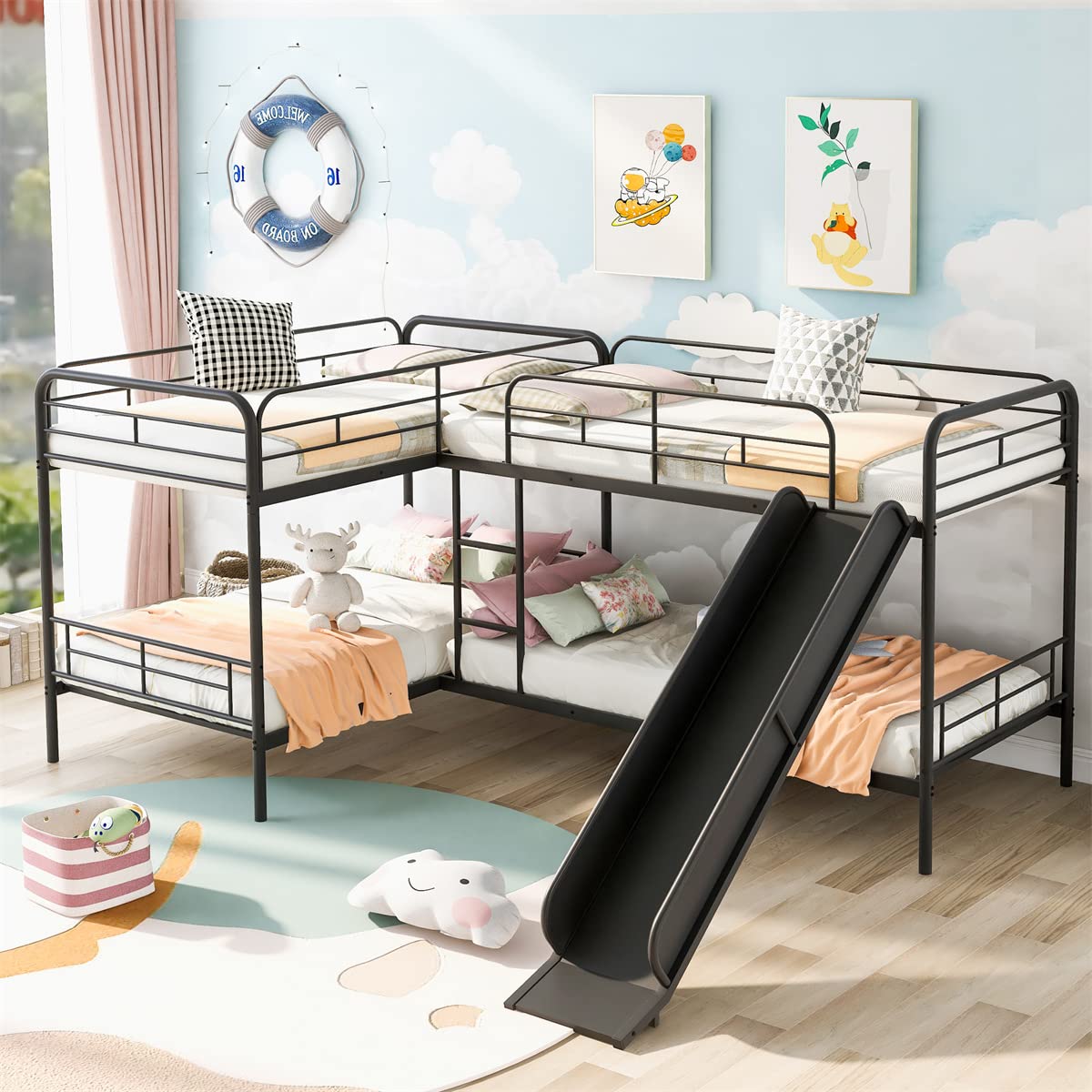 L Shape Bunk Bed for 4,Metal Quad Bunk Beds with Slide and Built In Ladder,4 Beds in 1 Twin Size Metal Bunk Bedframe with Full Length Guardrail Corner Bunk Bed for s Teens Boys Girls,Black TRIPLE TREE