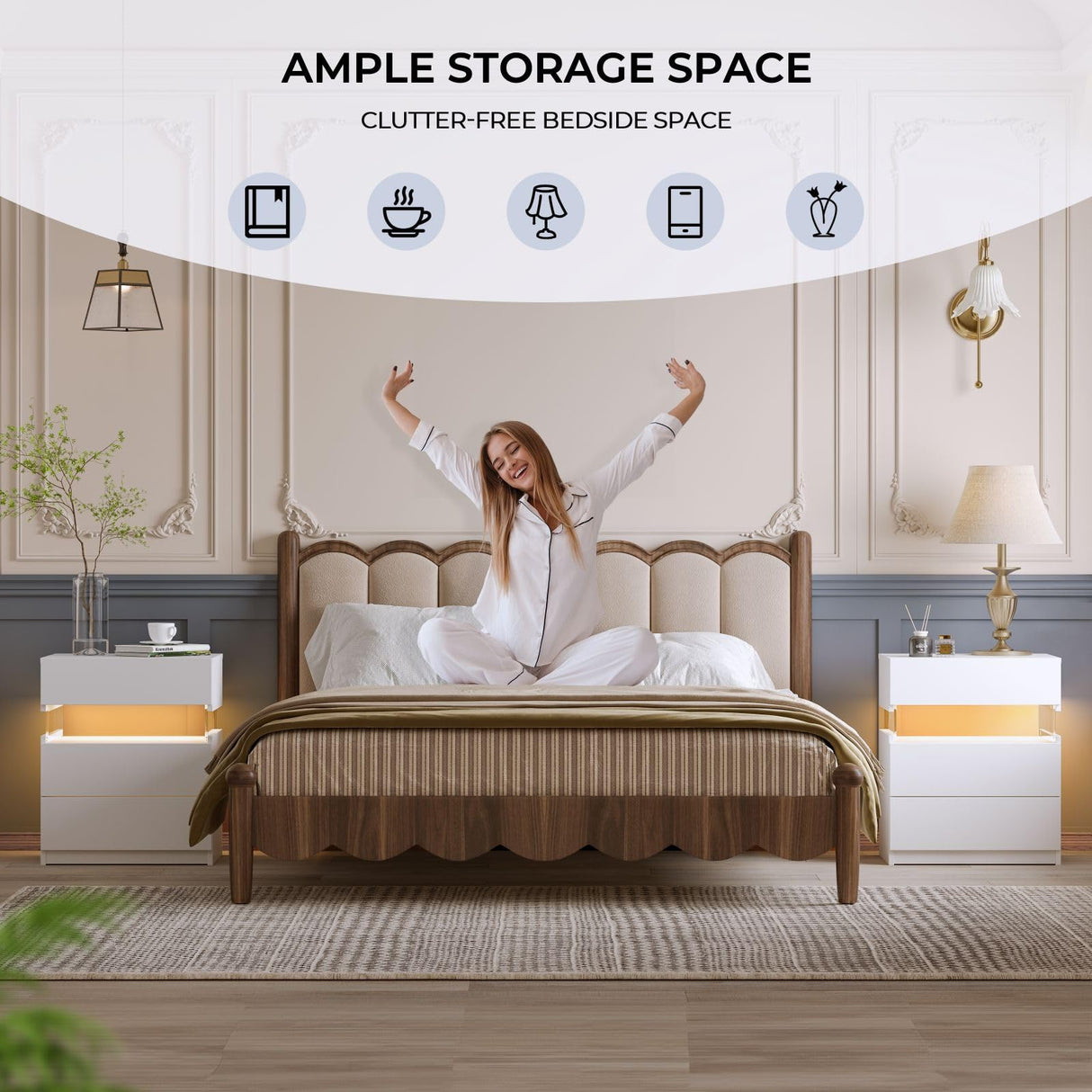 i-aplus Night Stand set 2 LED Night Stand for Bedroom Modern LED Bedside Table with 3 Drawers End Side Table i-aplus