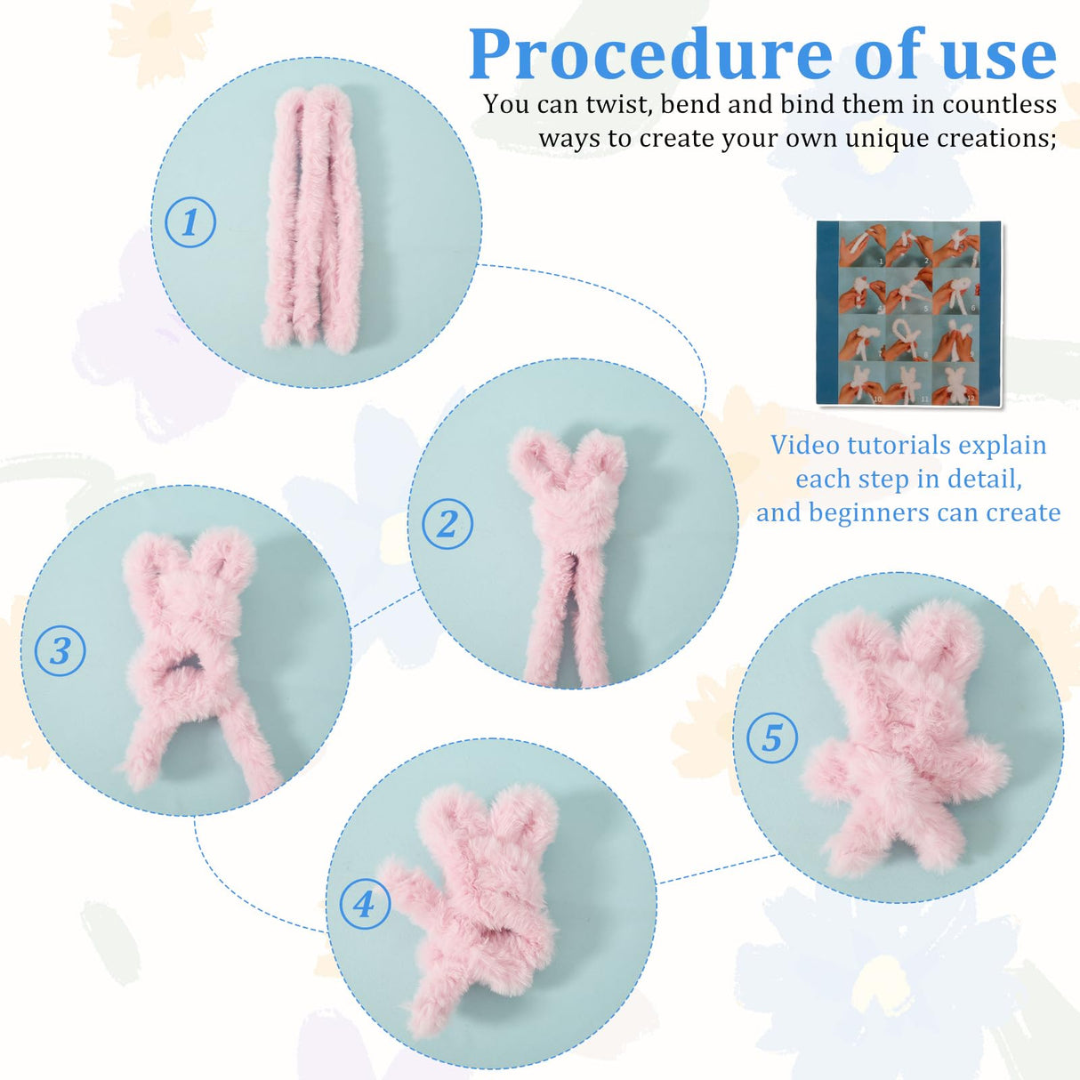 RVEFOT 6 Pcs Fur Pipe Cleaners Craft Kit with Decorative Accessories and Video Tutorials, Pipe Cleaners Kit for Beginners, Bear Animal Kit for Craft, Kids Art Craft DIY Creative Decoration RVEFOT
