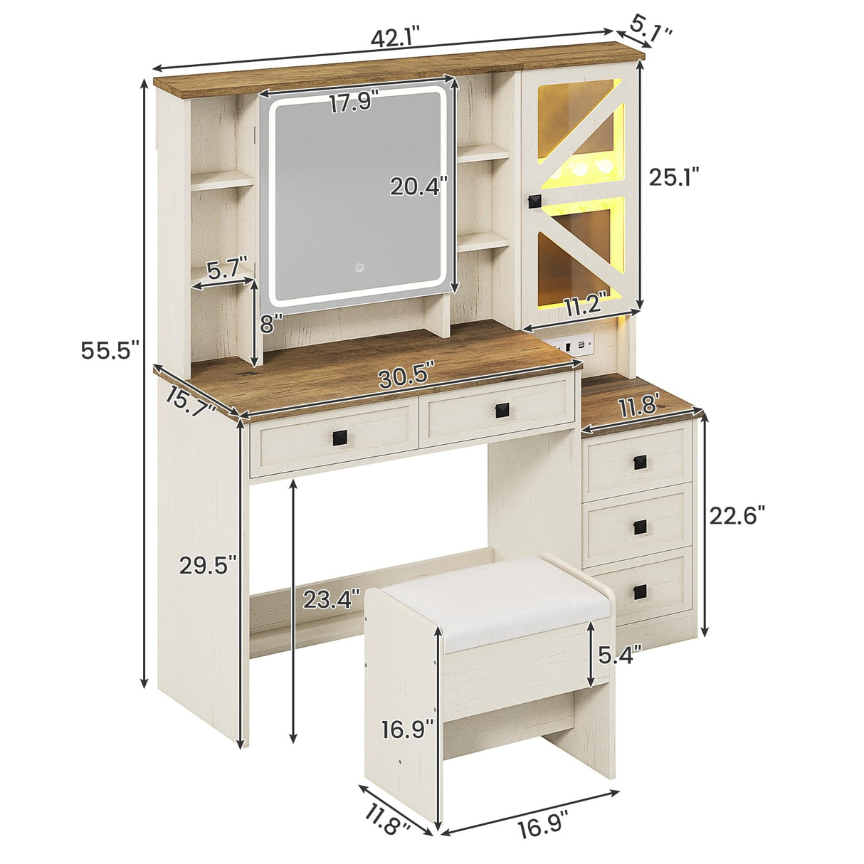 AOGLLATI Farmhouse Vanity Desk with Mirror and Lights, Makeup Vanity Set with Lights & Jewelry Cabinet & 5 Drawers, Vanity Table with Charging Station, Hidden Storage Space for Bedroom, Antique White AOGLLATI