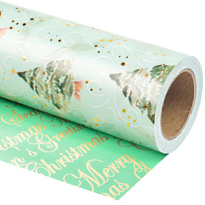 WRAPAHOLIC Reversible Green Christmas Wrapping Paper - Mini Roll - 17 Inch x 33 Feet - Watercolor Green Christmas Tree Wrapping Paper with Metallic Foil Shine for Holiday, Party, Celebration
