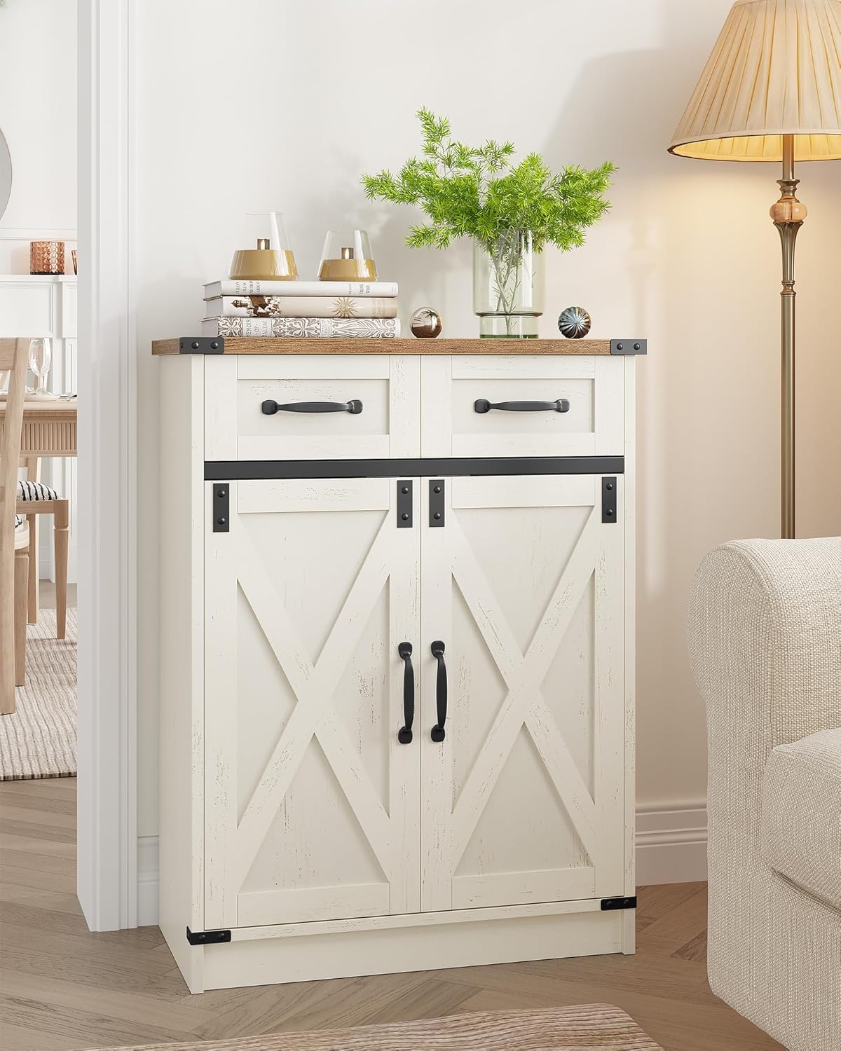 Bathroom Storage Cabinet, Freestanding Bathroom Floor Cabinet with Drawers & Doors, Farmhouse Buffet Cabinets with Adjustable Shelf, for Kitchen, Living Room, Entryway, White Brown SC62414X Hzuaneri