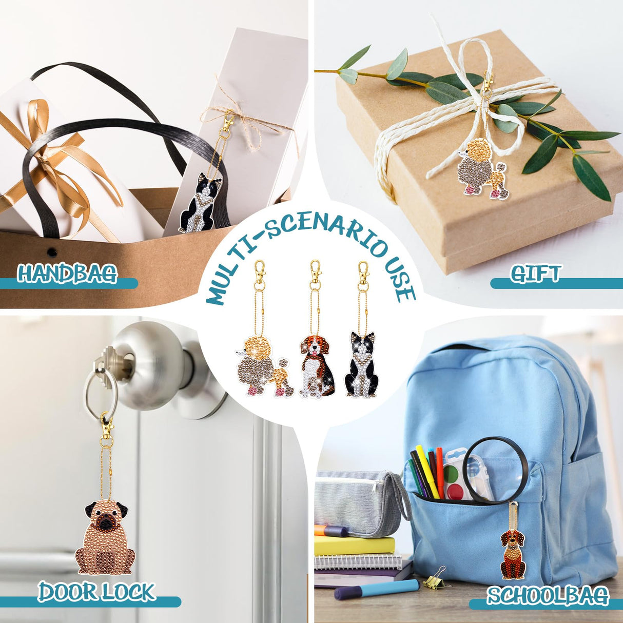 Junkin 12 Pcs Cross Diamond Painting Keychains 5d Double-Sided Painting Keychains Christmas Religious Thanksgiving Diamond Kits DIY Key Ring Pendant for Beginners Adults Crafts Ornament(Puppy) Junkin