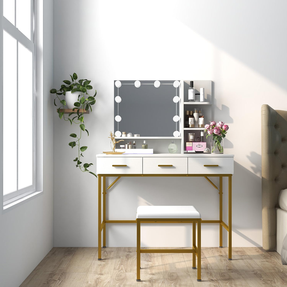 Vanity Table with Lighted Mirror, 3 Drawers Makeup Desk Dressing Table with Lots Storage Vanity Set with Wider Cushioned Stool for Bedroom (White) Panana