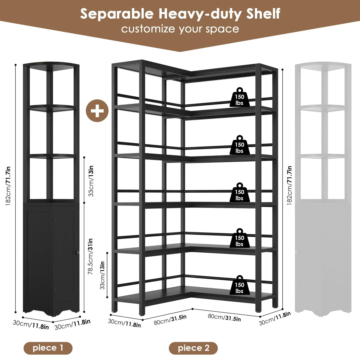 Keyluv Black Corner Bookshelf 72" Tall Corner Book Shelves Cases 2 Pieces Open Bookcase Large Storage Display Shelf Standing 6 Tier Shelving Unit with Cabinet for Home office Living Room, Wood & Metal Keyluv