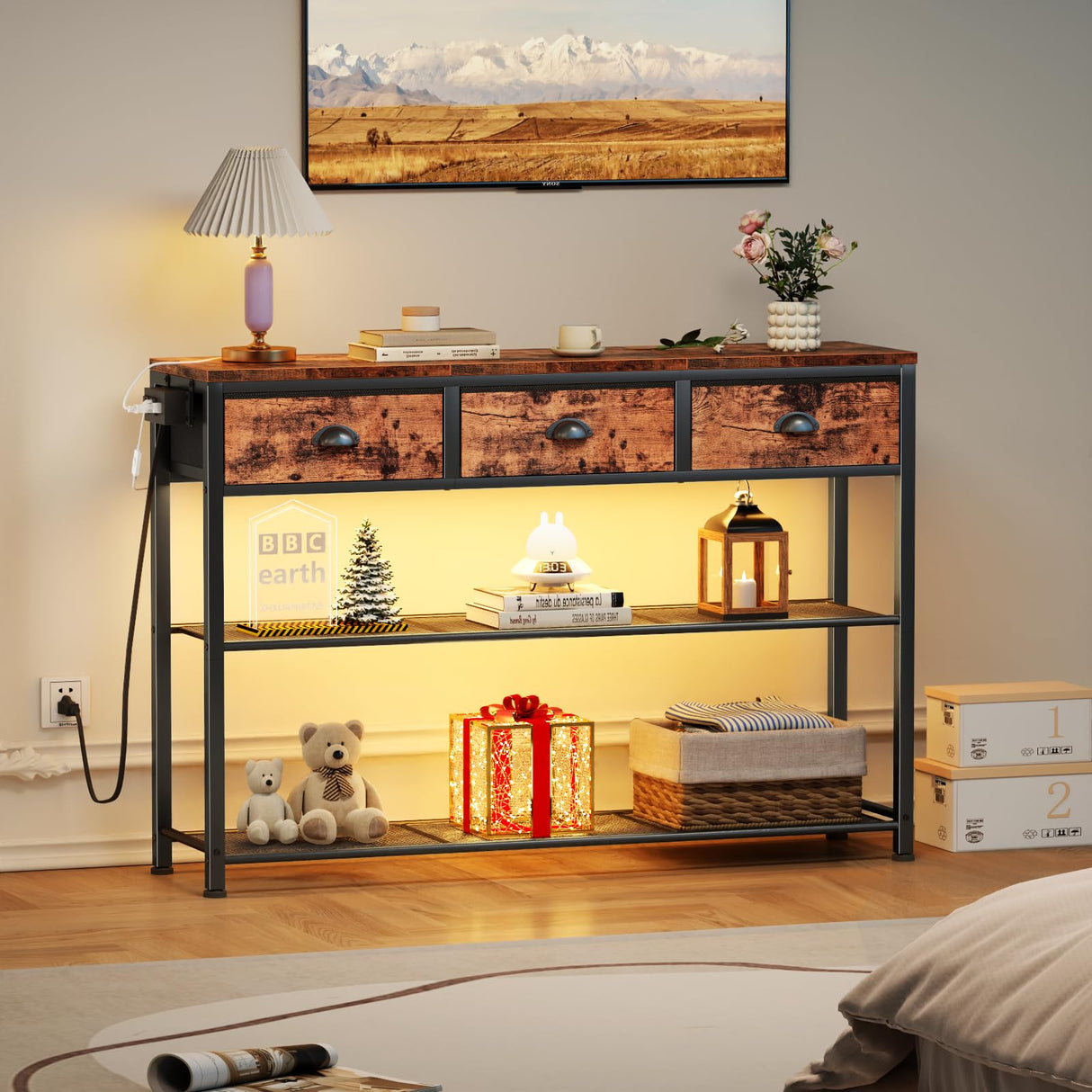 Furologee Console Table with Charging Station & 3 Fabric Drawers, 38'' Entryway Table with Storage Shelves and LED Light, Industrial Foyer Table for Entry Way, Display Shelf for Hallway, Rustic Brown Furologee