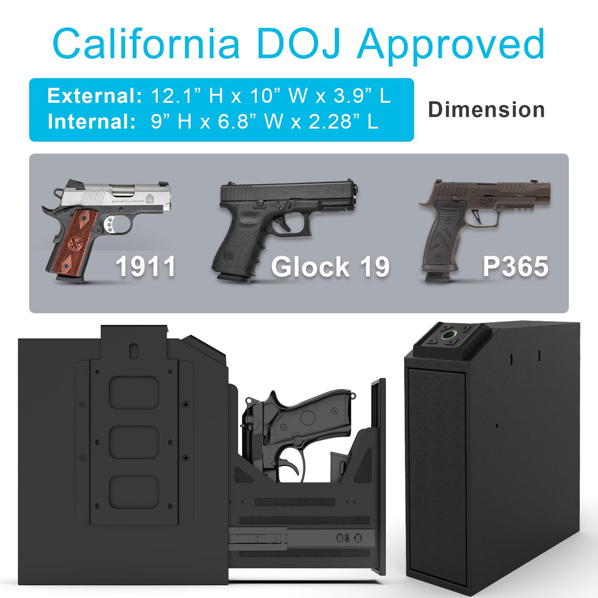 Biometric Gun Safe, Mounted Handgun Safe for Nightstand Bed Side Hidden Gun Storage in Wall Quick Access Bedside Slider Pistols Safes for Handguns with Fingerprint, Keypad, Pistol JNOSFL