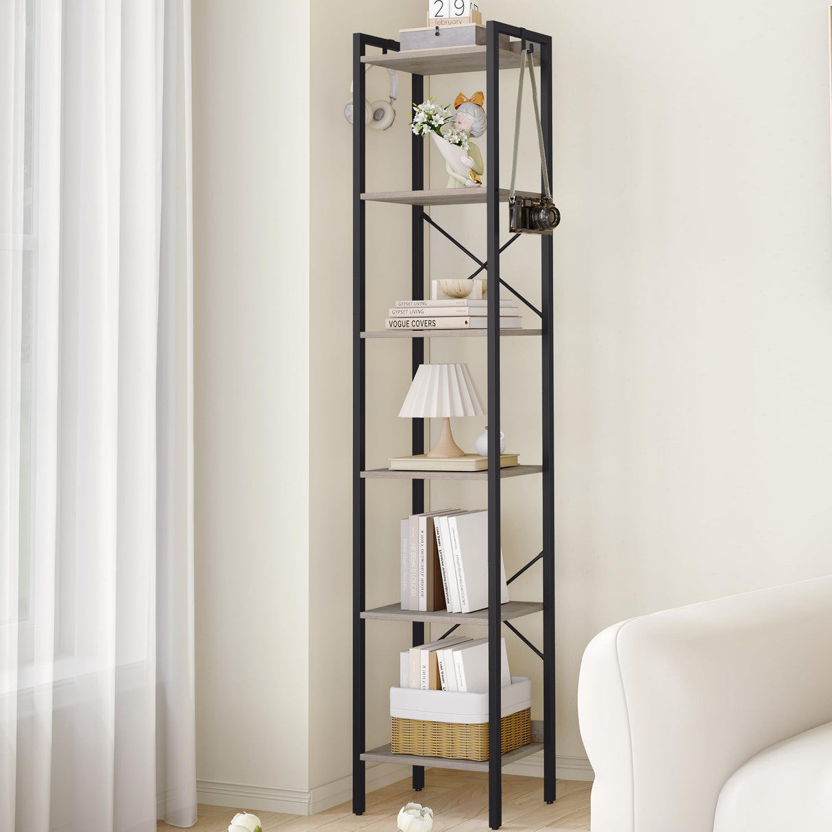 Hzuaneri Bookshelf, Book Shelf, Industrial Bookcase with 2 Hooks, Coner Shelf Storage Organizer for Home Office, Living Room, Bedroom, Kitchen, 6-Tier Greige BC10705B Hzuaneri