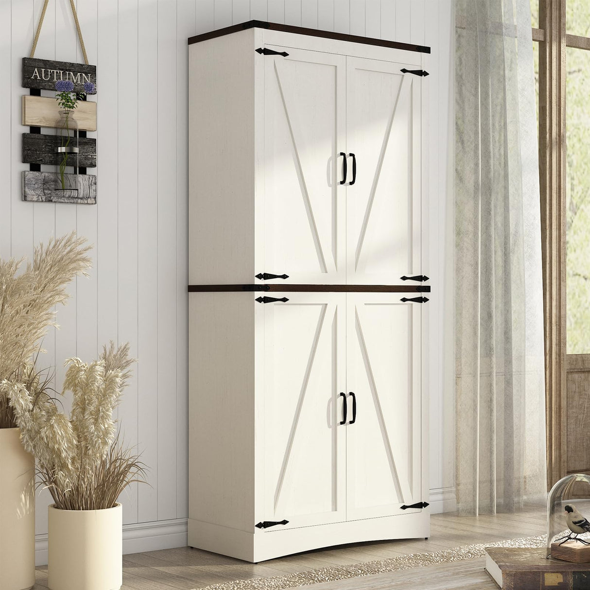 Hlivelood 71in Farmhouse Tall Storage Cabinet with Adjustable Shelves and Barn Doors in White Hlivelood