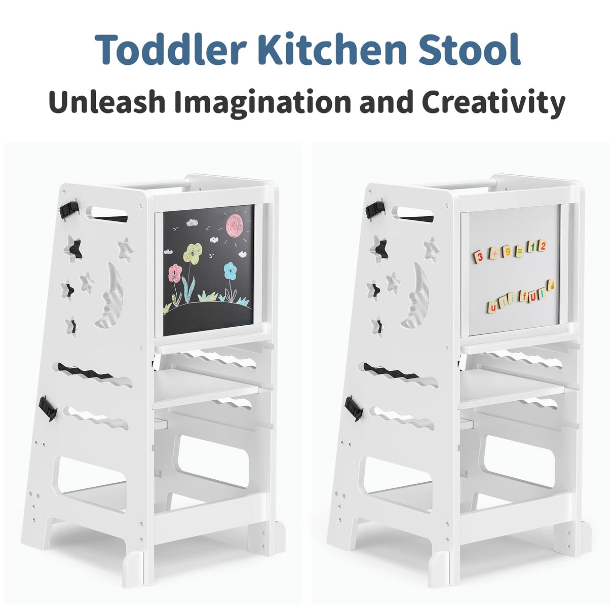 TOETOL Bamboo Toddler Kitchen Stool for Kids Step Stool - White Little Helper Tower Adjustable Height with Learning Black & White Activity Board1 TOETOL