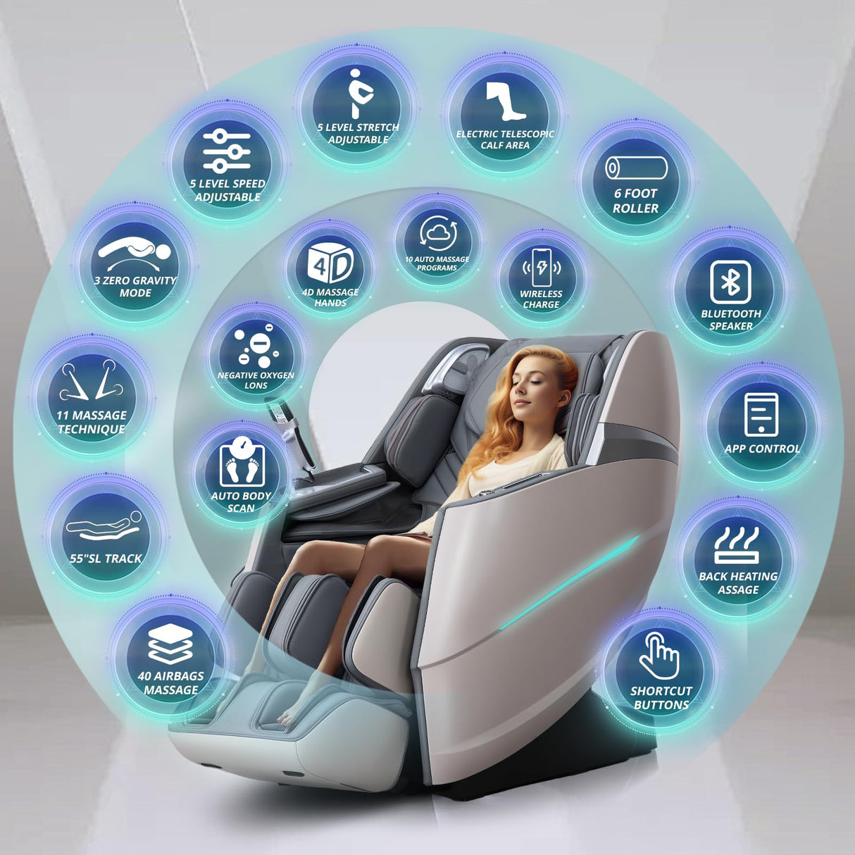 HealthRelife 4D Massage Chair Full Body Zero Gravity Recliner - 55“ SL-Track,20 Auto Modes,11 Massage Technique,40 Airbags Massage,with Yoga Stretch,APP Control,Negative Oxygen lons(Grey) HealthRelife